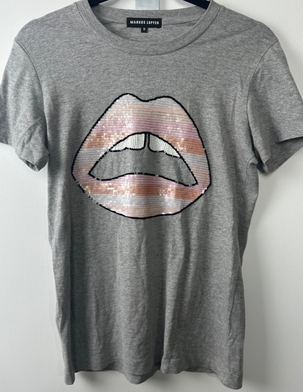 Markus Lupfer Grey Cotton Sequin Lip Print T-shirt S oversized Designer C1